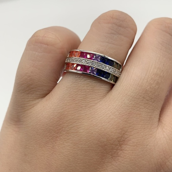 Lustro Stella 925 Sterling Silver Rainbow CZ Band Ring | Multi-Color Gemstone - Picture 2 of 7